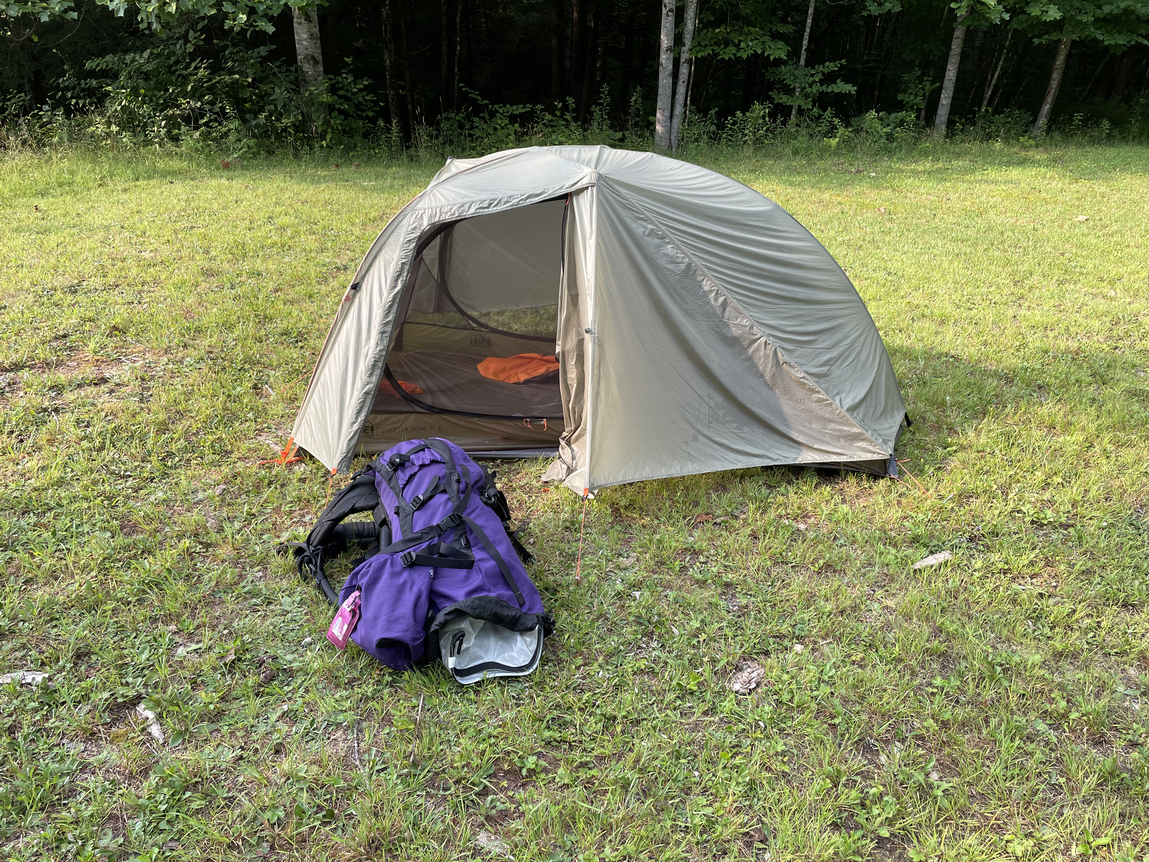 image of Daisy's tent and camping backpack set up and ready for the night outside during a fieldwork stint.