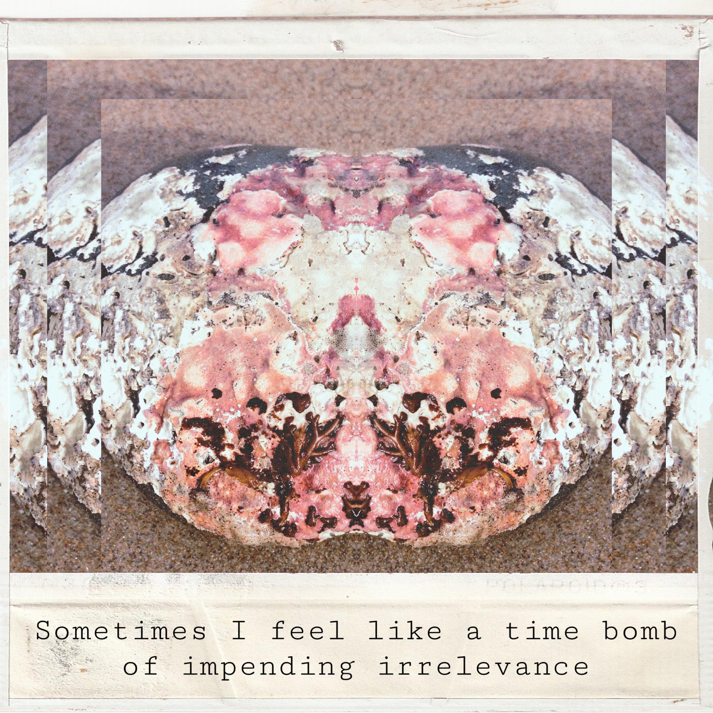 Photo of a pink and white and seaweed covered rock expanded and edited in some ways to make it look sonic. Text reads: “sometimes I feel like a time bomb of impending irrelevance.”