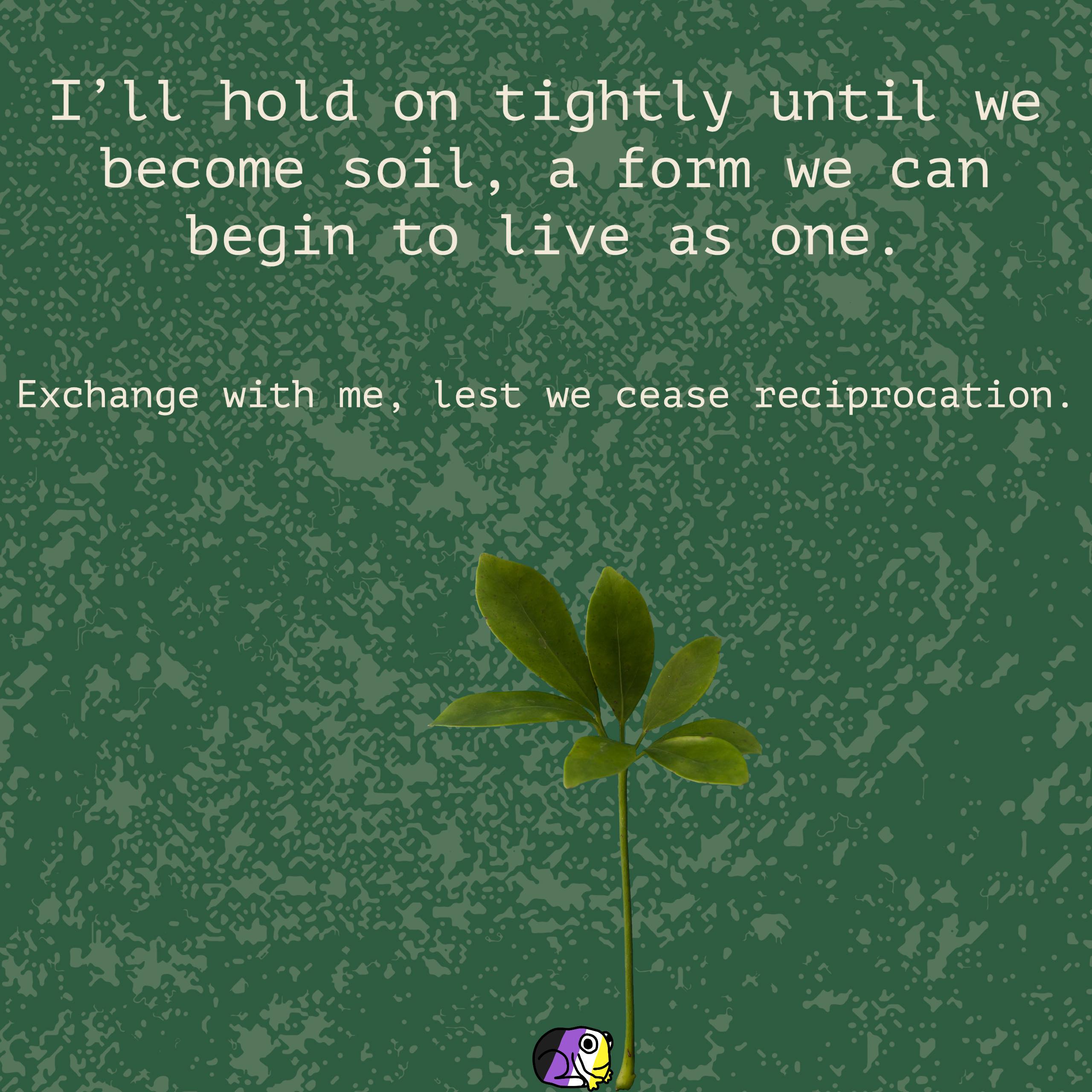 green background with texture. Text reads “Little puzzle pieces drip from my cheeks to your orange cotton blend shoulder, finding snuggled placements they’d longed for. My spine stabilizes with every reassuring embrace. Dialogic curiosities lead us down entangled paths of gyrus division, our ever folding amygdala guiding us towards healing through mutual understanding. Our future beckons me though iridescent windows. I’ll hold on tightly until we become soil, a form we can begin to live as one. Exchange with me, lest we cease reciprocation.” There are also images of a rock, a tall plant, and a small frog colored like the non-binary pride flag.