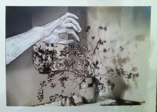 Image of a vase with flowers on a table, and a hand drawn collage arm and hand with pinchers placed over the flowers.