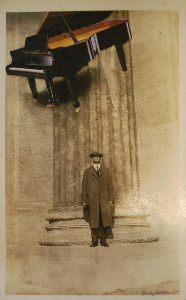 Vintage photo of a man standing in front of a huge column. A collaged piano appears to be falling on him.