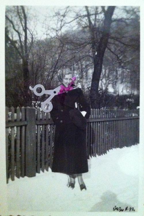 Photo of a woman wearing a big jacket outside in the snow. Collages scissors are depicted chopping off her head with drawn in red blood.